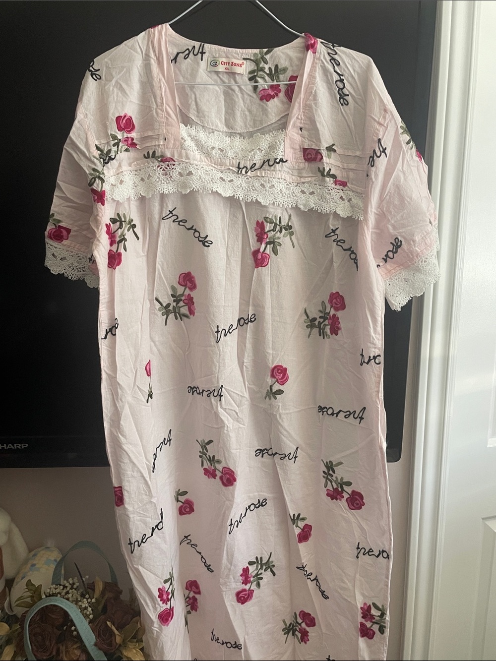 Soft Pink Rose-Print Lace-Trim Nightgown by City Sweet